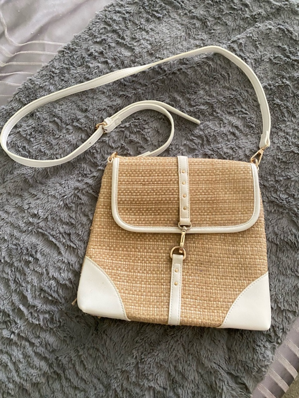 Woven Straw Crossbody Bag with White Trim